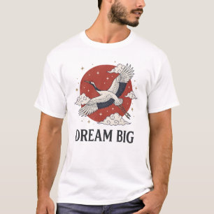 Camiseta Grande Sonho Grou Japonês Gráfico Sol Vermelho