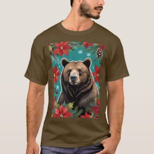 Camiseta Grande Urso Marrom de Natal Com Poinsettias