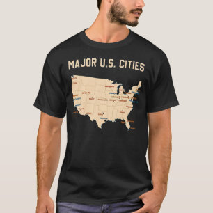 Camiseta grandes cidades norte-americanas mapeiam EUA com f