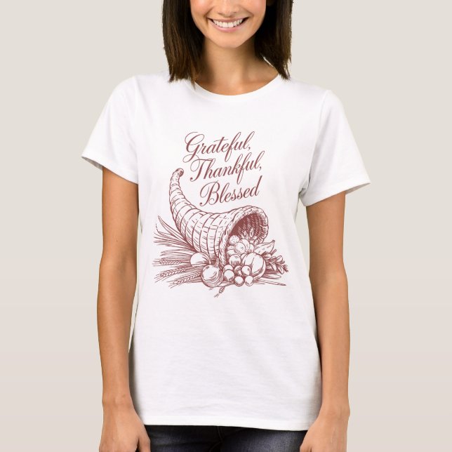 Camiseta Grateful Thankful Blessed Cornucopia Line Art (Frente)