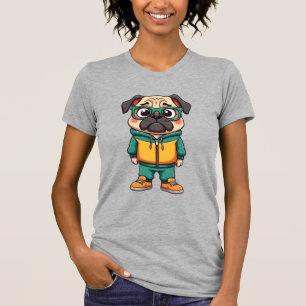 Camiseta Grático de Moda Urbana de Cartoon de Cachorro Pug 