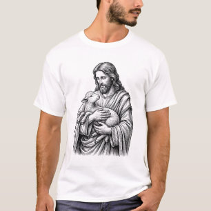 Camiseta Grave Engravamento Antigo Pastor Segurando Cordeir