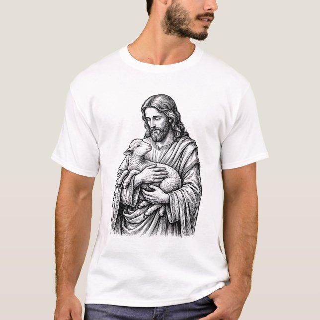 Camiseta Grave Engravamento Antigo Pastor Segurando Cordeir (Frente)