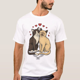 Camiseta Grave Entalhe Vintage Casal de Gatos Fofos Design 