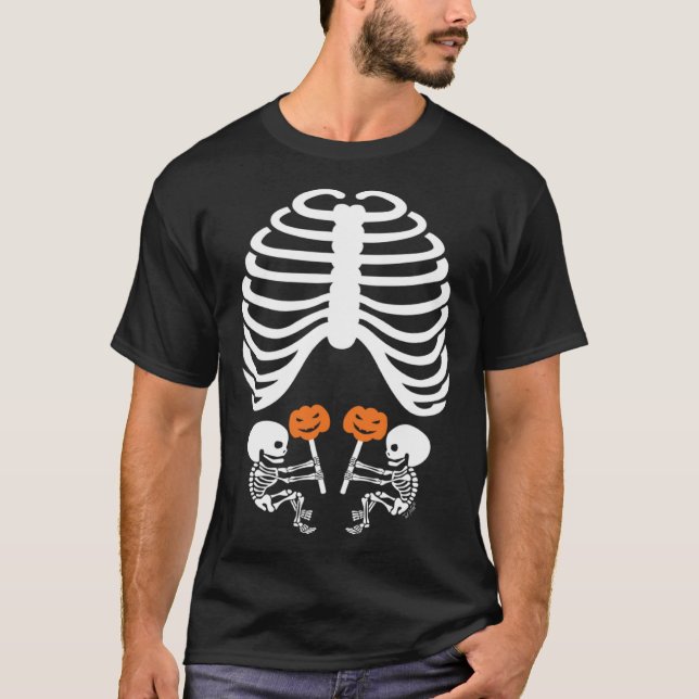 Camiseta Gravidez de Raio X Halloween Esperando Gêmeos (Frente)