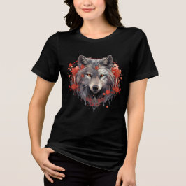 Camiseta Gray Wolf with Red Flowers Illustration