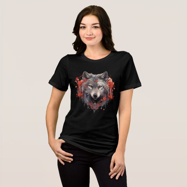 Camiseta Gray Wolf with Red Flowers Illustration (Frente Completa)