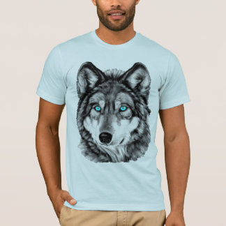 Camiseta Grayscale de olhos azuis lobo pintado