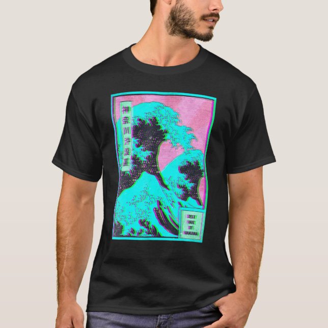 Camiseta Great Wave off Kanagawa Vaporwave Glitch Aesthetic (Frente)