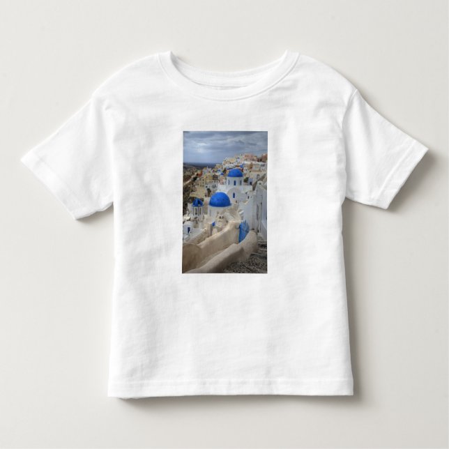 Camiseta Grécia, Santorini. Torre de celular e domos azuis  (Frente)