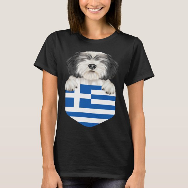 Camiseta Greece Flag Polish Lowland Sheepdog Dog In Pocket (Frente)