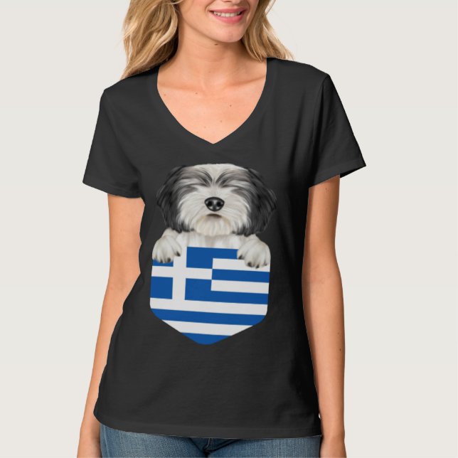 Camiseta Greece Flag Polish Lowland Sheepdog Dog In Pocket (Frente)