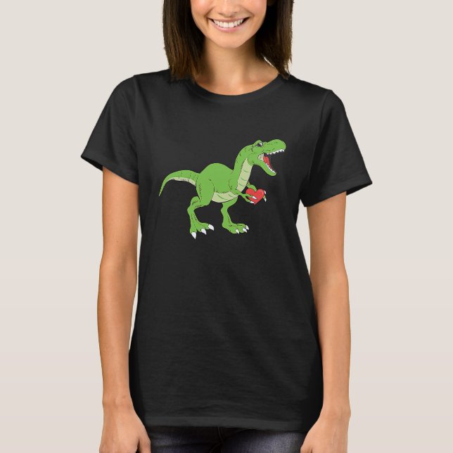Camiseta Green Trex V Day Kids Cute rex Holding A Red Heart (Frente)