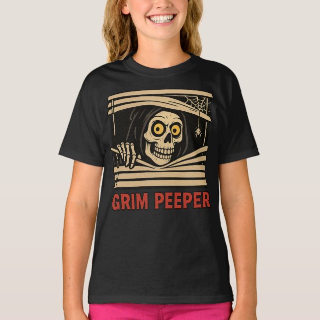 Camiseta Grim Peeper Funny Skeleton Halloween Pun Tee (Frente)