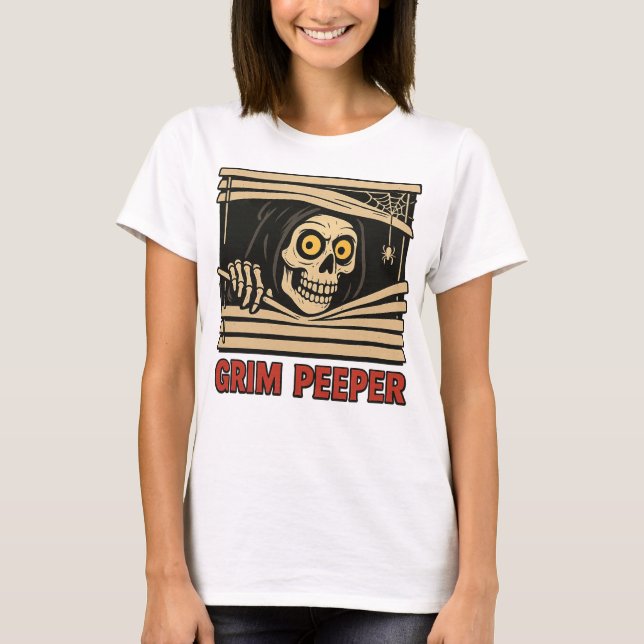 Camiseta Grim Peeper Funny Skeleton Halloween Pun Tee (Frente)