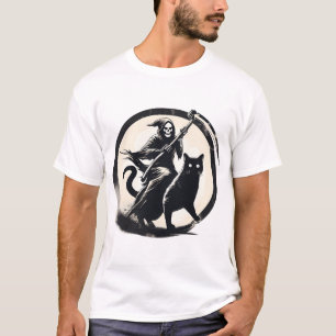 Camiseta Grim Reaper Andando Sobre Gato Preto