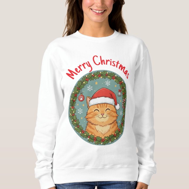 Camiseta Grinalda de Natal de Gato Fofo  (Frente)