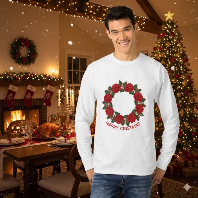 Camiseta Grinalda de Rosa Vermelha Natal Feliz Natal (Criador carregado)