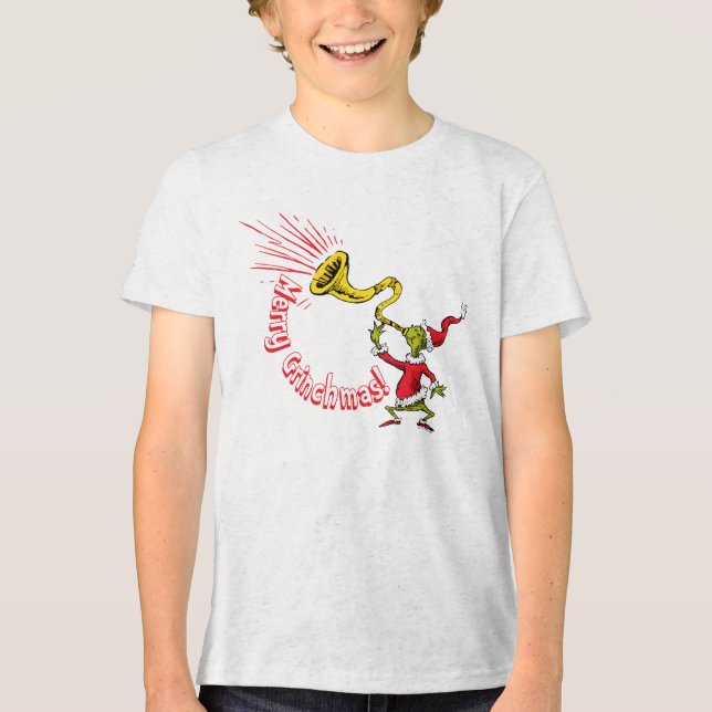 Camiseta Grinch Blowing the Merry Grinchmas Horn (Frente)