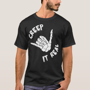 Camiseta Grite-o com a mão de esqueleto real dando sinal de
