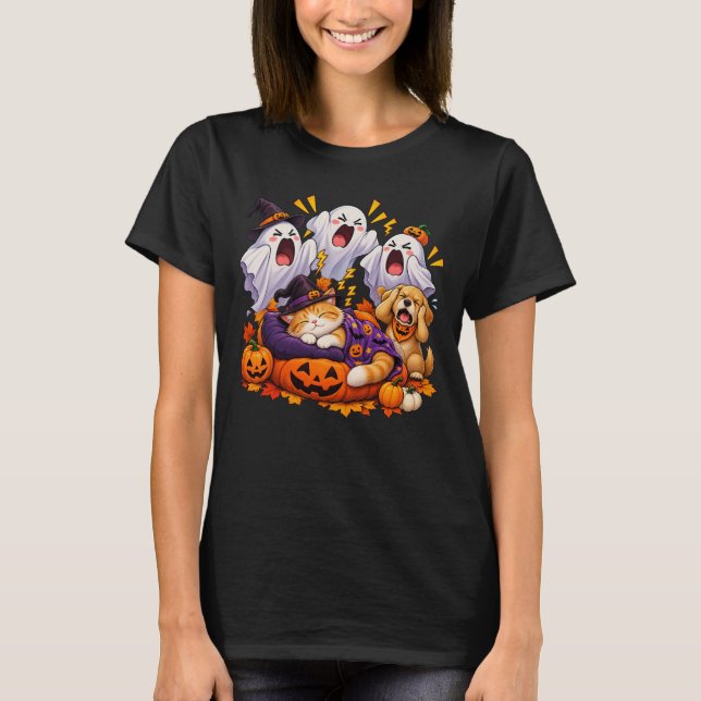 Camiseta Grito de Fantasma, Gato Dorme, Cachorro Fecha os O (Frente)