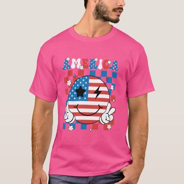 Camiseta Groovy America Smile Face Patriótica 4º de julho (Frente)