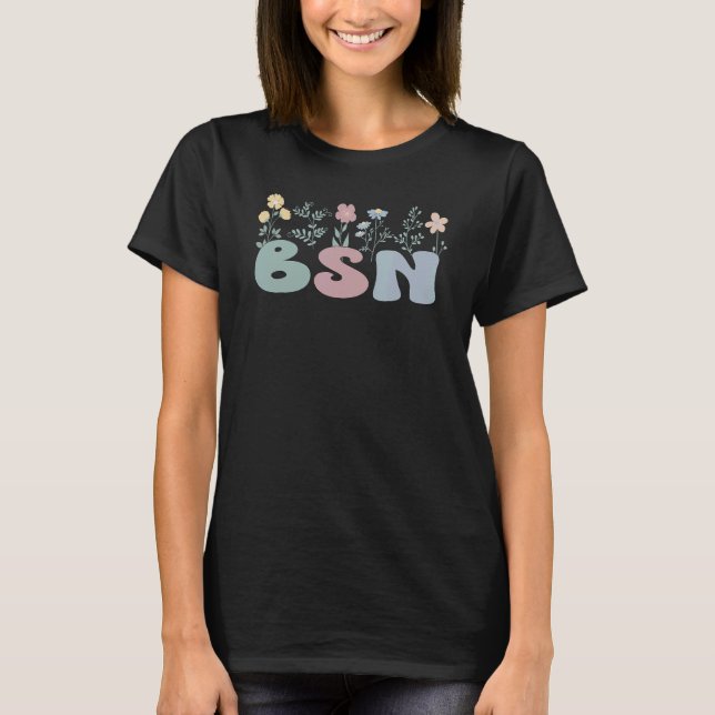 Camiseta Groovy Bsn Solteiro De Ciência Em Flores De Enferm (Frente)