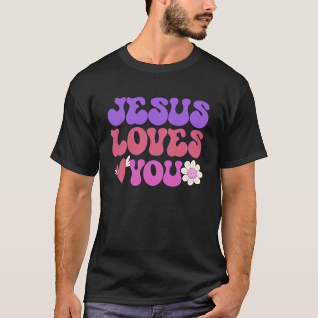 Camiseta Groovy Christian Jesus ama você aos 70 anos Hippie (Frente)