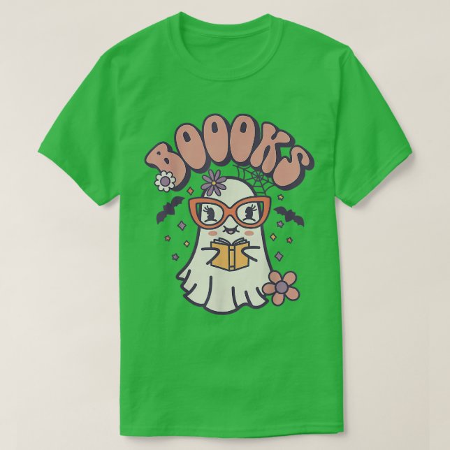 Camiseta Groovy Cute Ghost Book Leitura Professor de Hallow (Frente do Design)