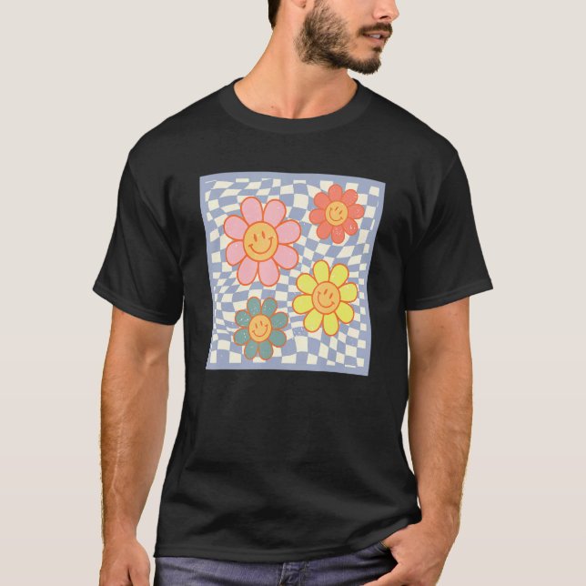 Camiseta Groovy Daisy Flower Happy Face Hippie Checked Fo (Frente)