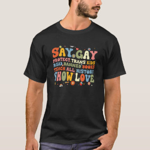 Camiseta Groovy Diga Gay Proteja Crianças Trans Leia Livro