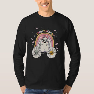 Camiseta Groovy Floral Retro Fantasma Fofo Halloween Assust