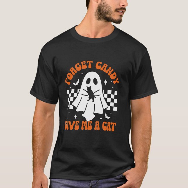 Camiseta Groovy Ghost Black Cat Esquece O Docinho Me Dá Um  (Frente)