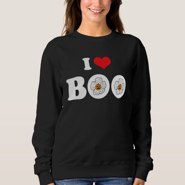 Camiseta Groovy Halloween Floral Pumpkin I Love Boo Heart (Frente)