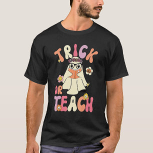 Camiseta Groovy Halloween Truque ou Ensino Rétro Floral Fan