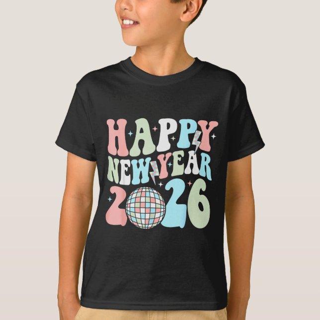 Camiseta Groovy Happy New Year 2026 Party Cute New Years Ev (Frente)