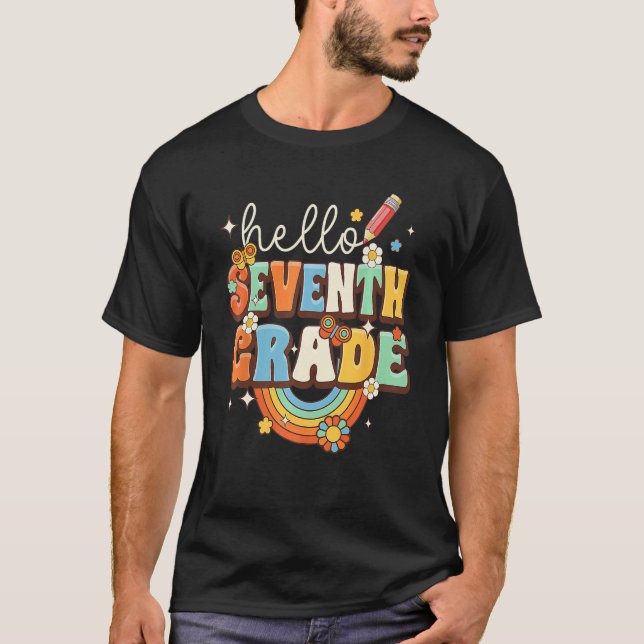 Camiseta Groovy Hello Seventh Grade Retro Teacher Back To S (Frente)