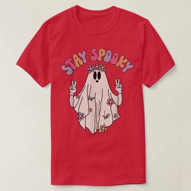 Camiseta Groovy Hippie Permaneça Spooky Vibes Retro Fantasm (Frente do Design)