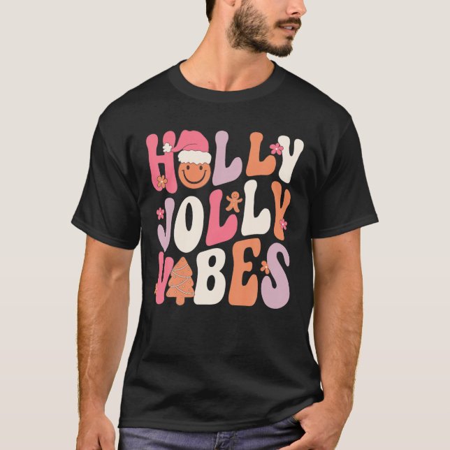 Camiseta Groovy Holly Xmas Jolly Vibes Figurino de Natal (Frente)