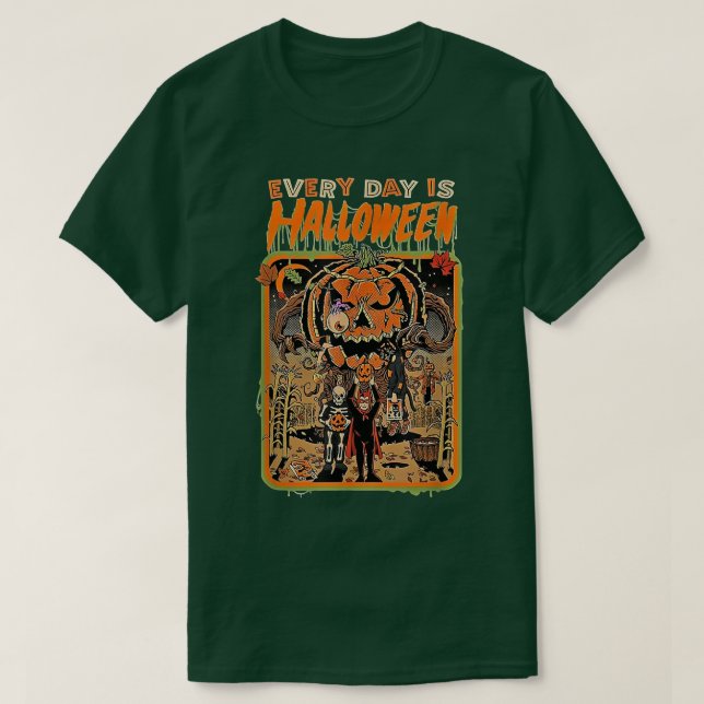 Camiseta Groovy Horror Giant Pumpkin Monster perseguindo Sp (Frente do Design)