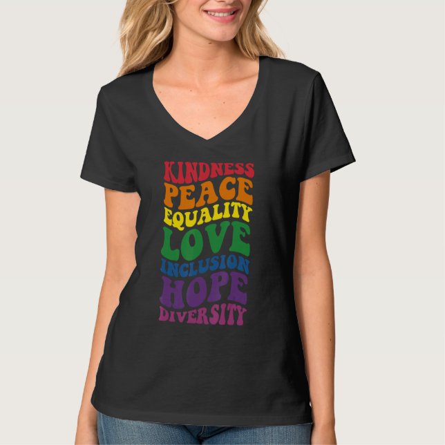 Camiseta Groovy Kindness Peace Equality Rainbow Flag LGBTQ  (Frente)