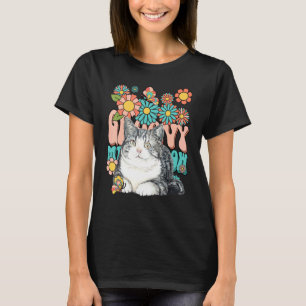 Camiseta Groovy Meow Meow Gato Fofo Flor Borboleta Retro