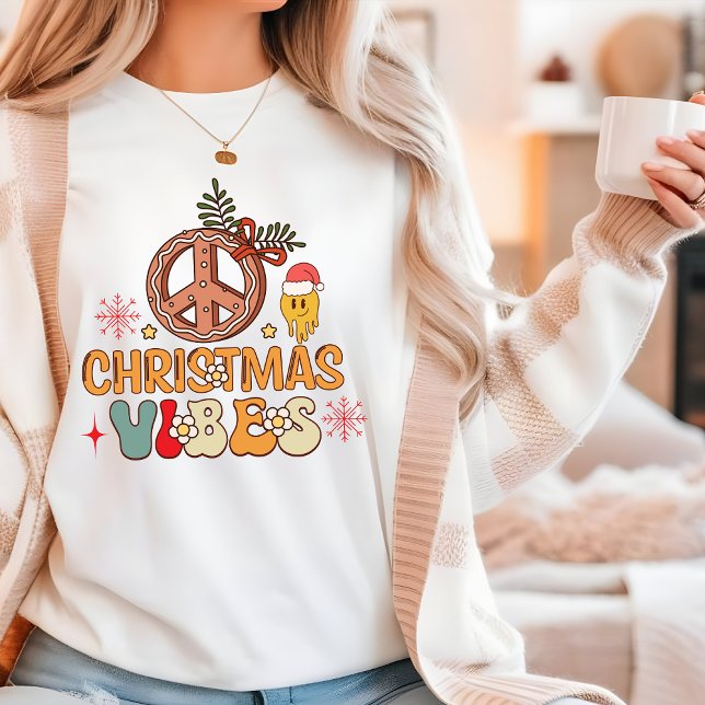 Camiseta Groovy Retro Christmas Vibes Sinal de Paz (Criador carregado)