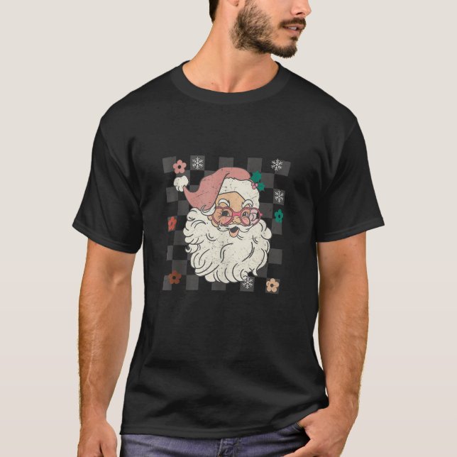 Camiseta Groovy Retro Papai Noel Árvore de Natal (Frente)