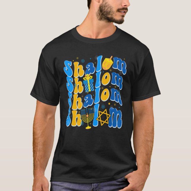 Camiseta Groovy Shalom Peace Jewish Hanukkah Jewish Dreidel (Frente)