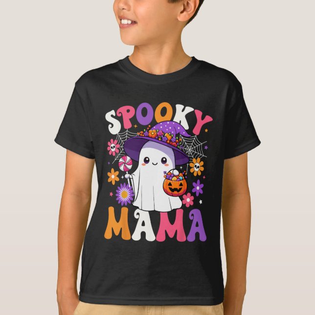 Camiseta Groovy Spooky Mama Halloween Ghost Pumpkin Hallowe (Frente)
