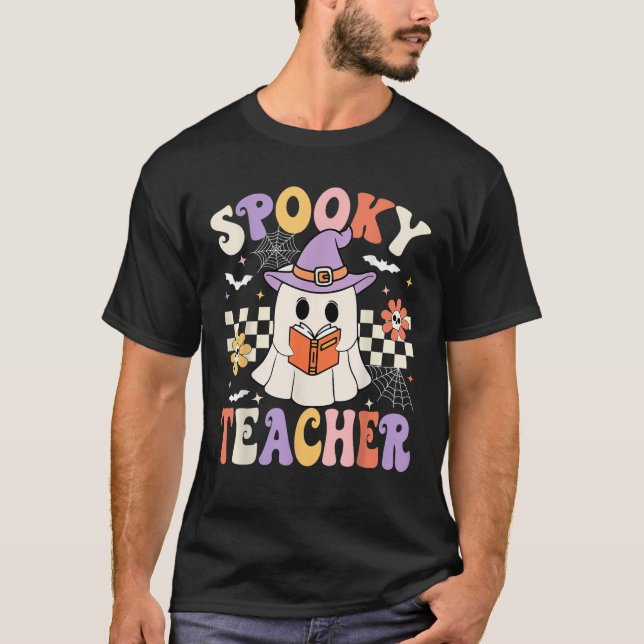 Camiseta Groovy Spooky Teacher Ghost Retro Floral Teacher H (Frente)