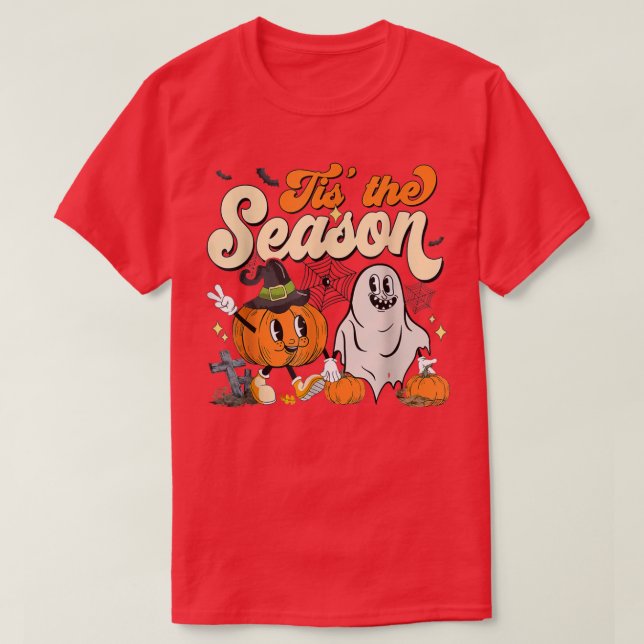 Camiseta Groovy Tis The Season Pumpkin Floral Ghost Hippie (Frente do Design)