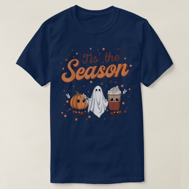Camiseta Groovy Tis The Season Pumpkin Floral Ghost Hippie (Frente do Design)