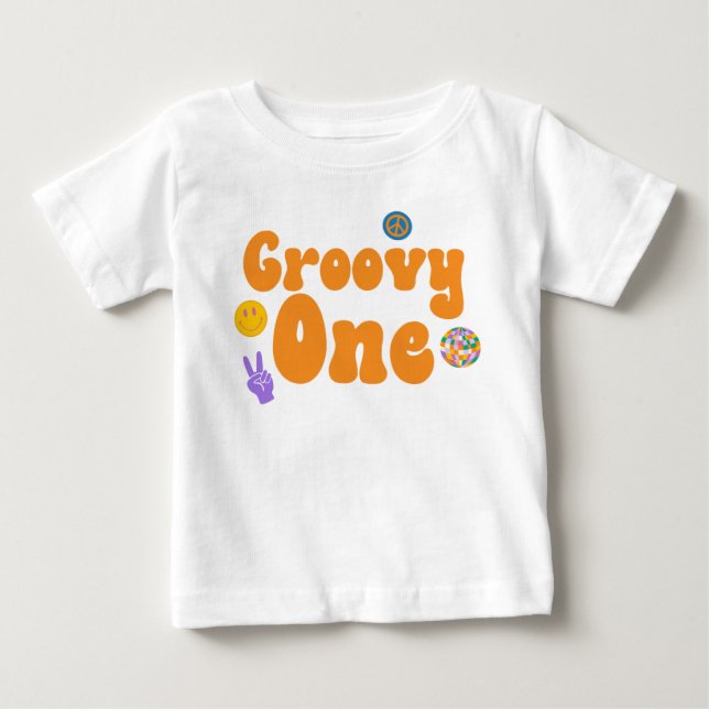 Camiseta Groovy Um Retro dos Anos 70 1º Aniversário Laranja (Frente)